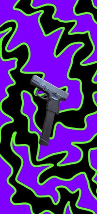 a gun on a purple and green background